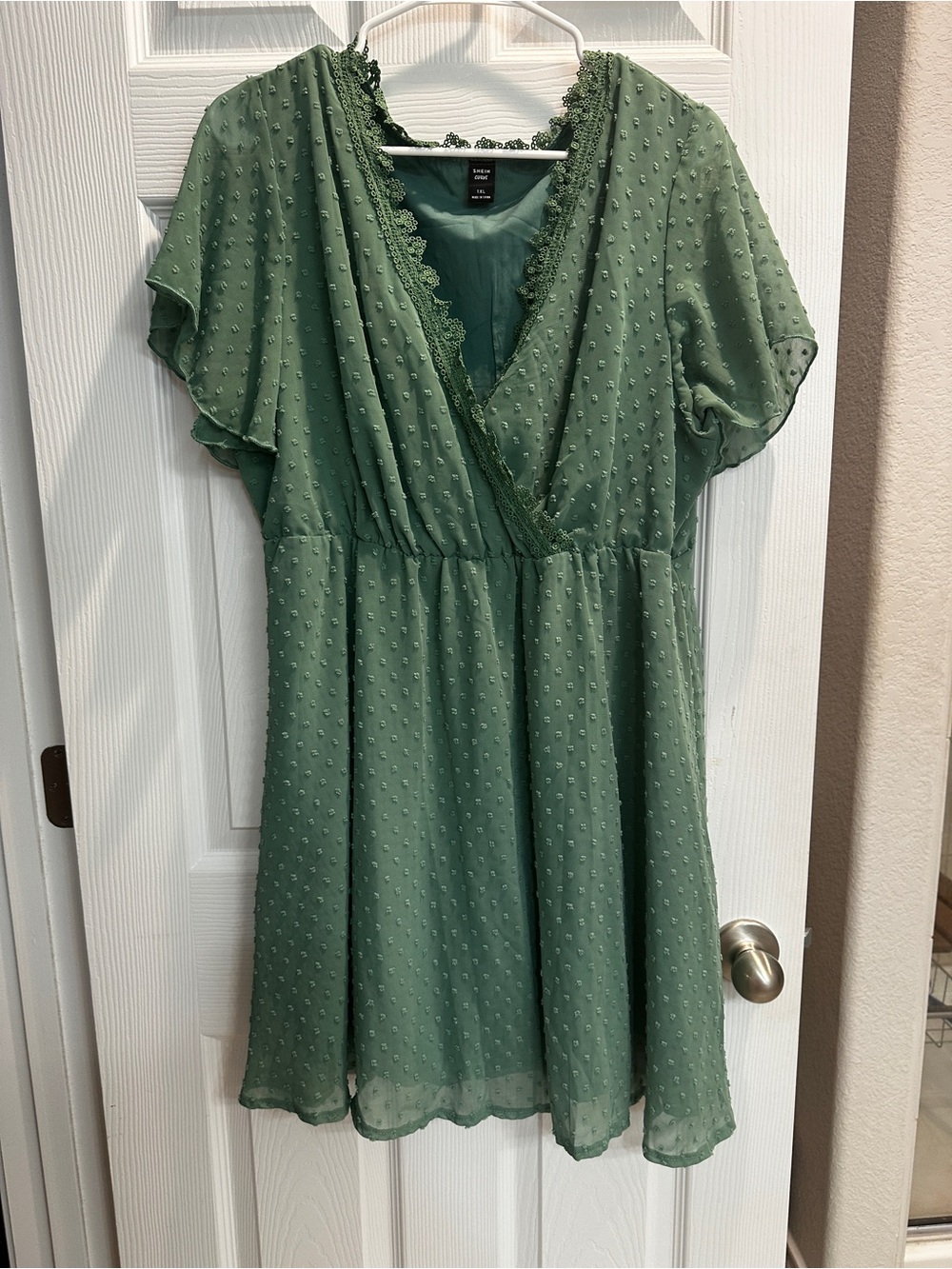 SHEIN Sage Green Swiss Dot Wrap Mini Dress